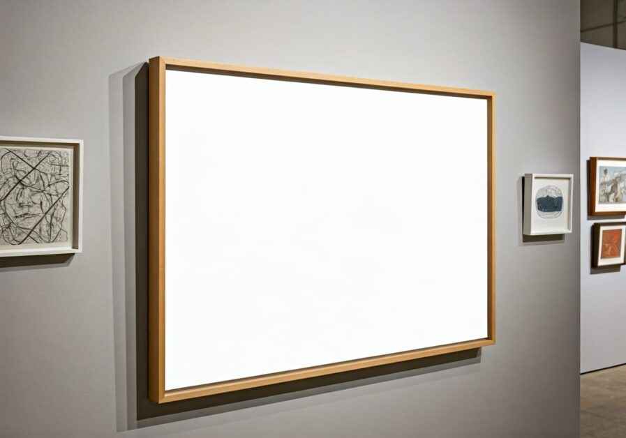 Framed blank white canvas  mounted on the wall of an art gallery.