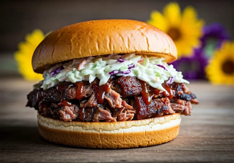Chopped BBQ pork sandwich with coleslaw with a toasted bun on a picnic table with wildflowers in the background
