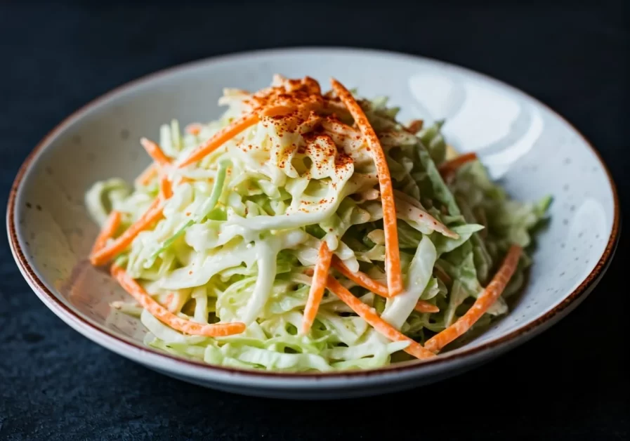 creamy shredded cabbage and carrot coleslaw in white porcelain bowl