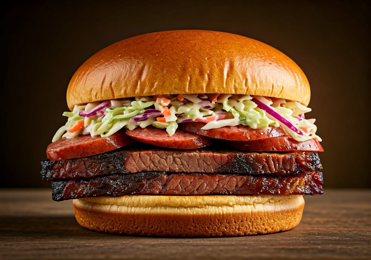 El Jefe Hill Country BBQ Brisket Sausage Coleslaw Sandwich on Kitchen Counter