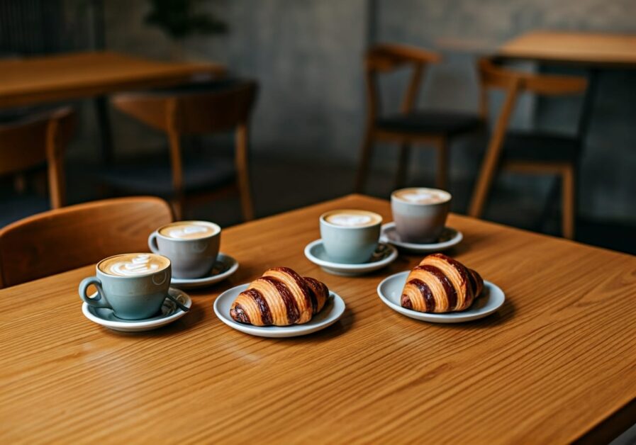 Lattes and croissants on a cafe table