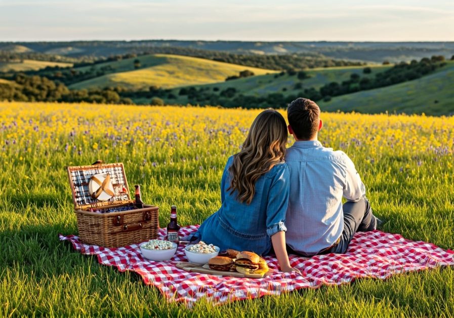 Texas Hill Country Picnic Couple Scene, overlooking wildflowers and rolling hills.