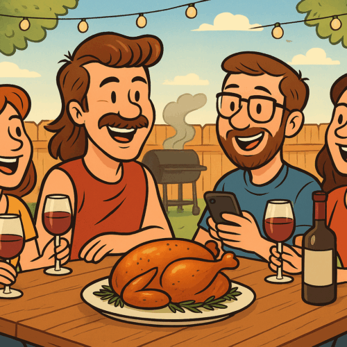The gang at a table in the backyard, drinking cabernet.