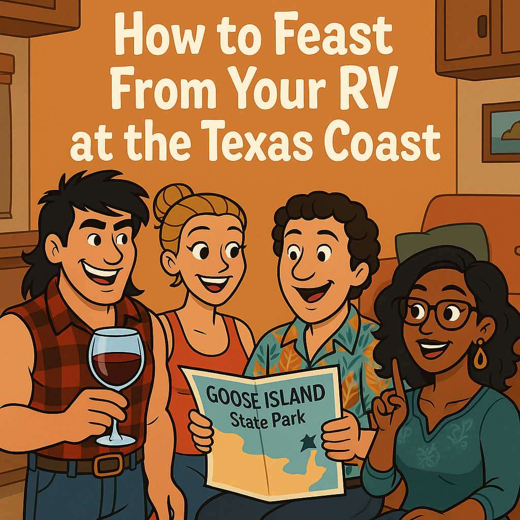 The gang drinks Cabernet while discussing an upcoming RV adventure.