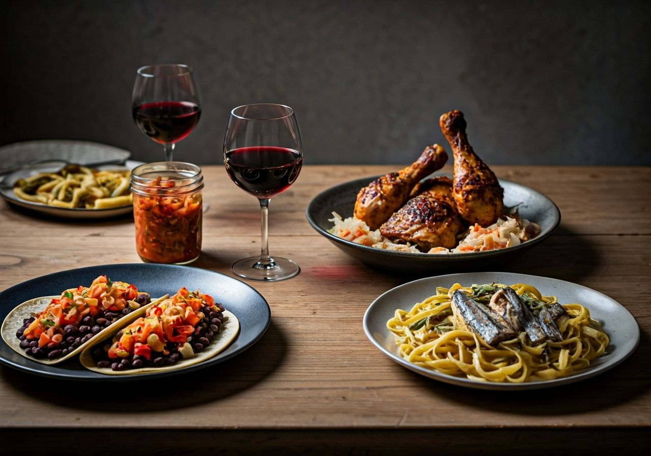 Rustic wood dining table with the posts 4 recipes prepared and on plates