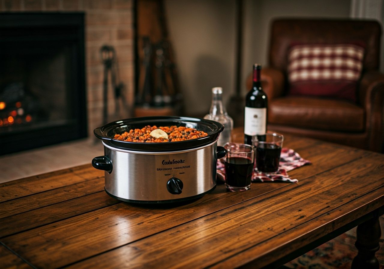 Cozy Texas living room with a crock pot of lentil chili, glasses of red wine, rustic decor – the perfect scene for High-Protein Plant-Based Crock Pot Meals.