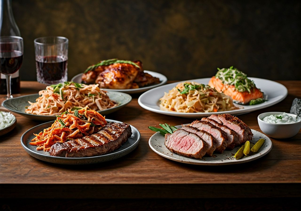 High-protein and fermented foods recipes plated on a wood cutting board
